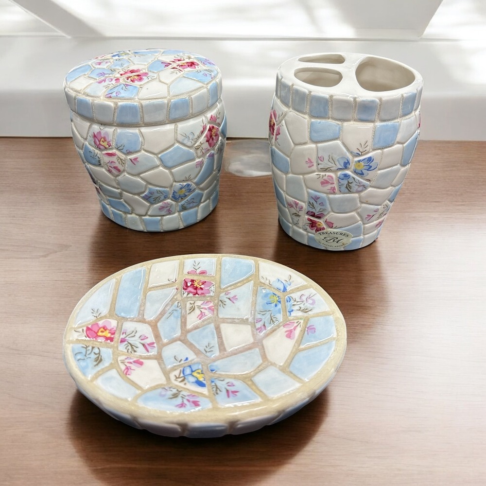Rachel Ashwell Shabby Chic Lucille Mosaic Floral Bathroom Set Soap Dish Canister
